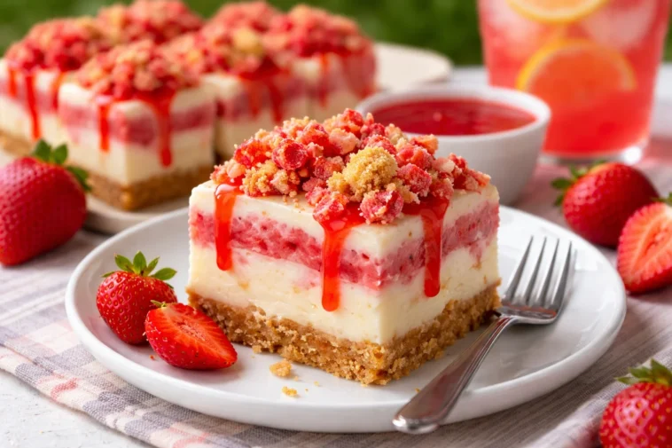 Erdbeer-Crunch-Cheesecake-Stücke auf einem Teller, eine leckere No-Bake-Leckerei