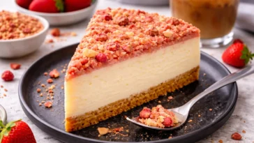 Erdbeer Crunch Käsekuchen mit frischen Erdbeeren und knusprigem Topping