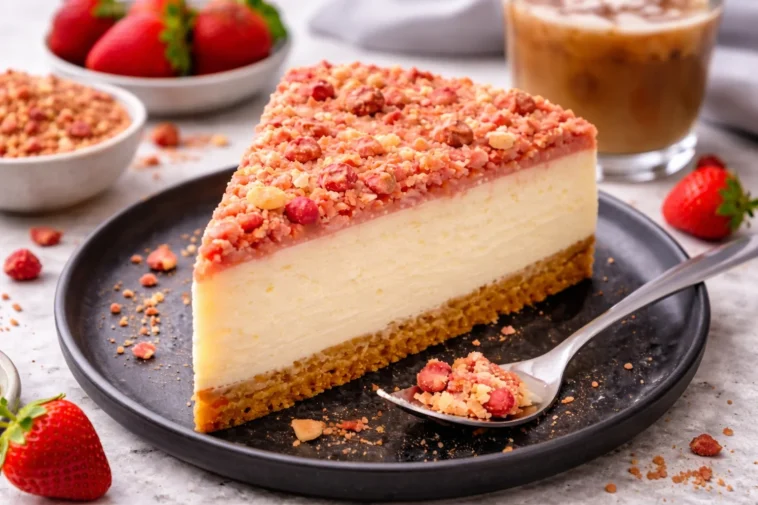 Erdbeer Crunch Käsekuchen mit frischen Erdbeeren und knusprigem Topping