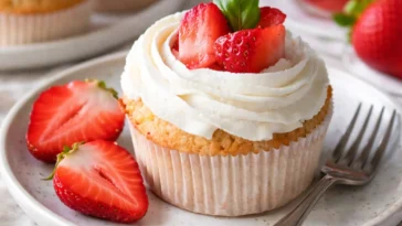 Erdbeer Cupcakes mit cremigem Mascarpone Frosting auf einem Tisch dekoriert.