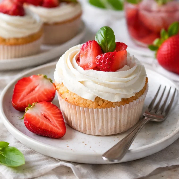 Erdbeer Cupcakes mit cremigem Mascarpone Frosting auf einem Tisch dekoriert.