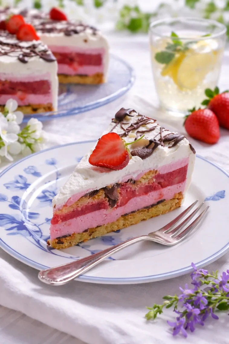 Leckere Erdbeer-Eistorte mit frischen Erdbeeren und Sahne