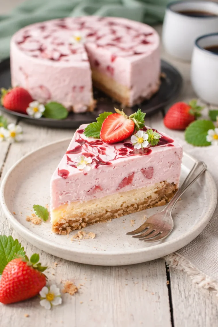 Erdbeer-Joghurt-Torte mit frischen Erdbeeren und Joghurt-Creme auf einem Schokoladenboden