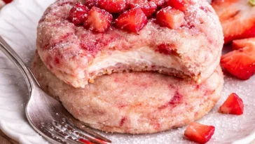 Luftige Erdbeer-Käsekuchen-Kekse auf einem Plattenteller