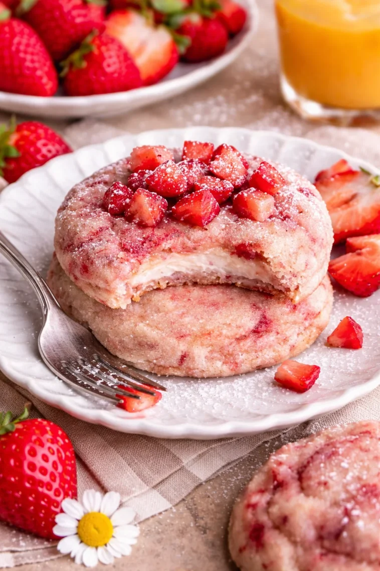 Luftige Erdbeer-Käsekuchen-Kekse auf einem Plattenteller