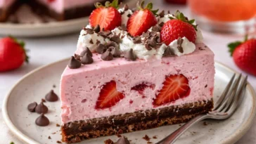 Erdbeer-Käsekuchen mit Schoko-Keksboden, ohne Backen, appetitlich angerichtet