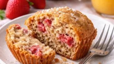 Erdbeer-Sauerteig-Muffins angeordnet auf einem Tisch