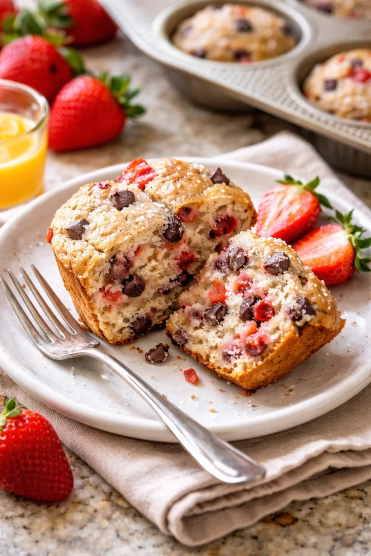 Erdbeer-Schokoladen-Sauerteigmuffins mit frischen Erdbeeren und Schokoladenstückchen
