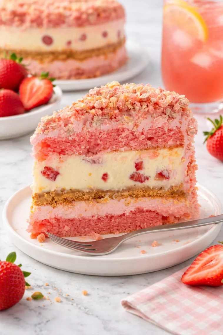 Leckerer Erdbeer-Shortcake-Cheesecake mit frischen Erdbeeren und Sahne.