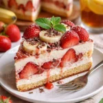 Erdbeer-Stracciatella-Bananen-Torte auf einem Tisch mit frischen Erdbeeren
