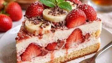 Erdbeer-Stracciatella-Bananen-Torte auf einem Tisch mit frischen Erdbeeren