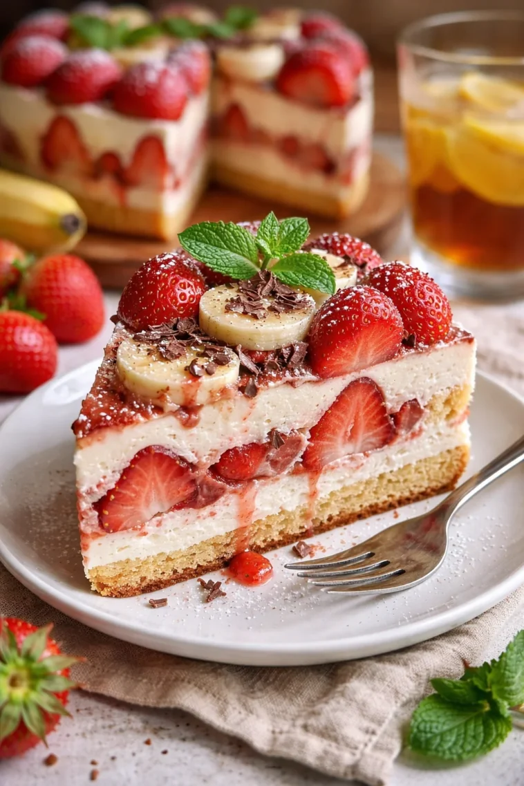 Erdbeer-Stracciatella-Bananen-Torte auf einem Tisch mit frischen Erdbeeren