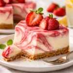 Leckerer Erdbeer-Swirl-Cheesecake mit frischen Erdbeeren und cremigem Käsekuchen.