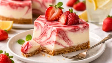 Leckerer Erdbeer-Swirl-Cheesecake mit frischen Erdbeeren und cremigem Käsekuchen.