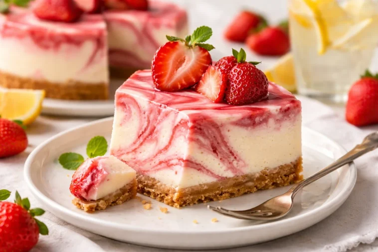 Leckerer Erdbeer-Swirl-Cheesecake mit frischen Erdbeeren und cremigem Käsekuchen.