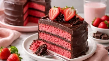 Erdbeerkuchen mit Schokoladenfrosting garniert mit frischen Erdbeeren