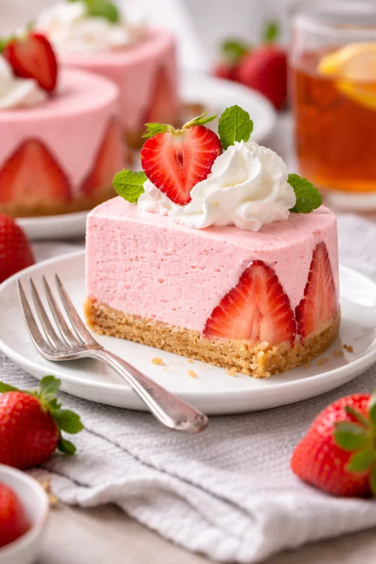 Ein luftiges Erdbeermousse im Glas, dekoriert mit frischen Erdbeeren.