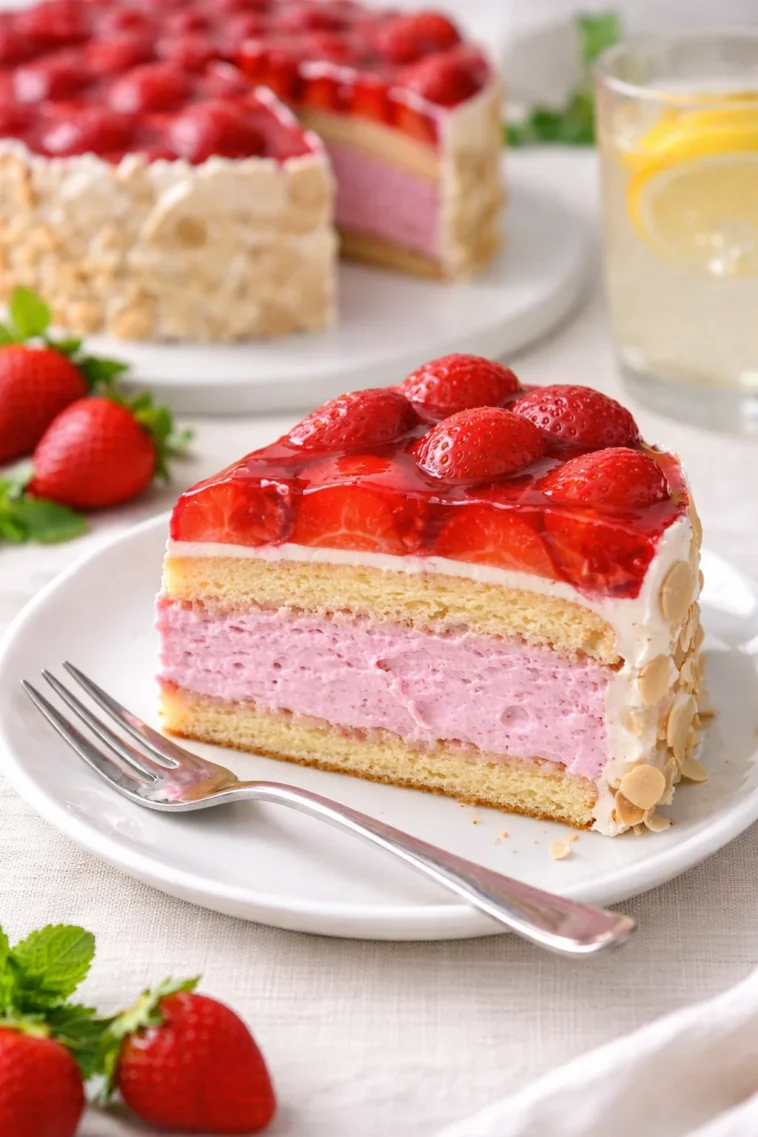 Leckere Erdbeertorte mit frischen Erdbeeren und Sahne