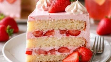 Erdbeertraumkuchen mit frischen Erdbeeren und Sahne auf einem Teller