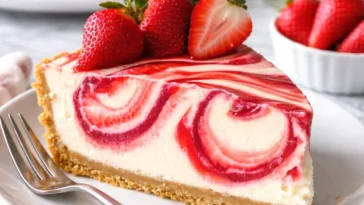 Erdbeerwirbel-Käsekuchen auf einem Teller, dekoriert mit frischen Erdbeeren.