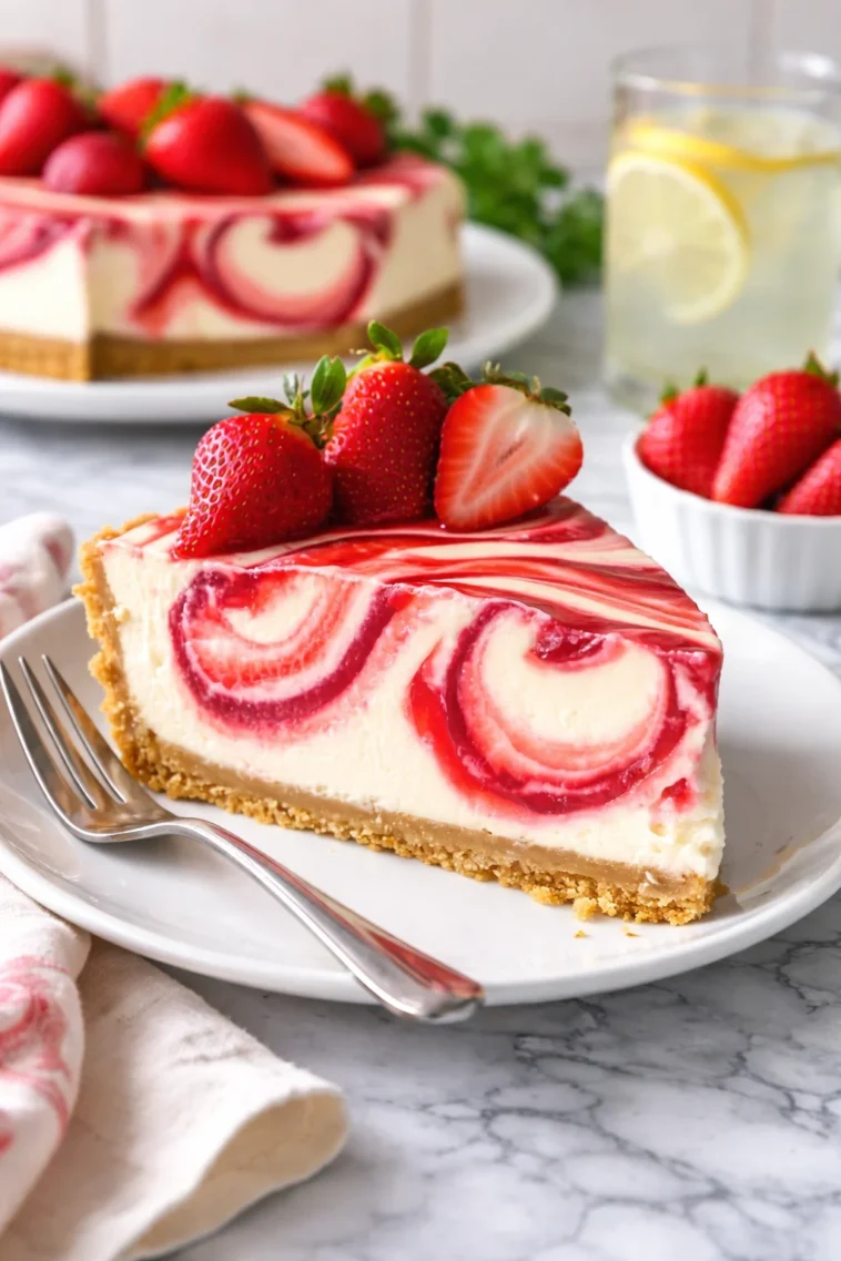 Erdbeerwirbel-Käsekuchen auf einem Teller, dekoriert mit frischen Erdbeeren.