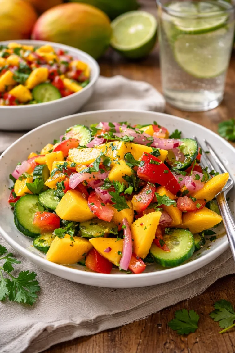 Erfrischender Mangosalat mit Limetten-Dressing auf einem Teller