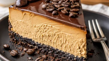 Leckerer Espresso-Käsekuchen auf einem Teller serviert