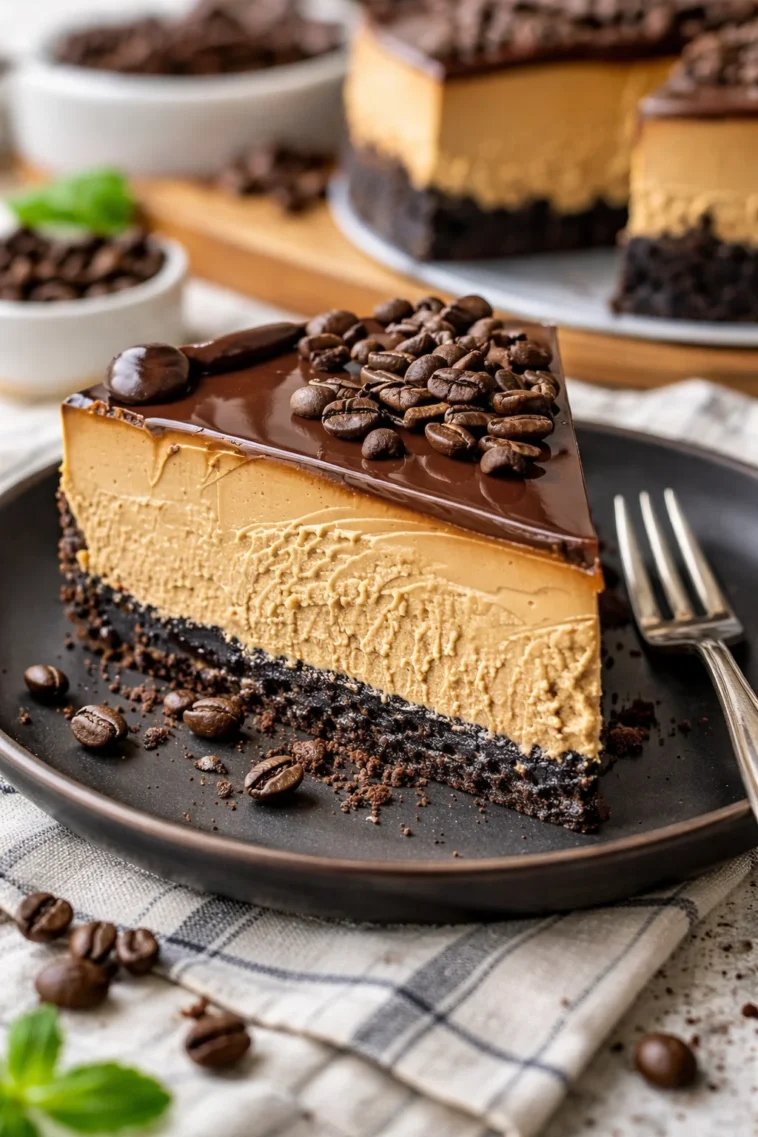 Leckerer Espresso-Käsekuchen auf einem Teller serviert