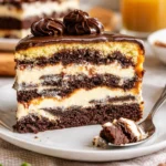 Feuchter Marmor-Schichtkuchen auf einem eleganten Teller, ideal für Feiern.