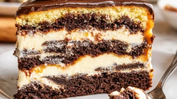 Feuchter Marmor-Schichtkuchen auf einem eleganten Teller, ideal für Feiern.