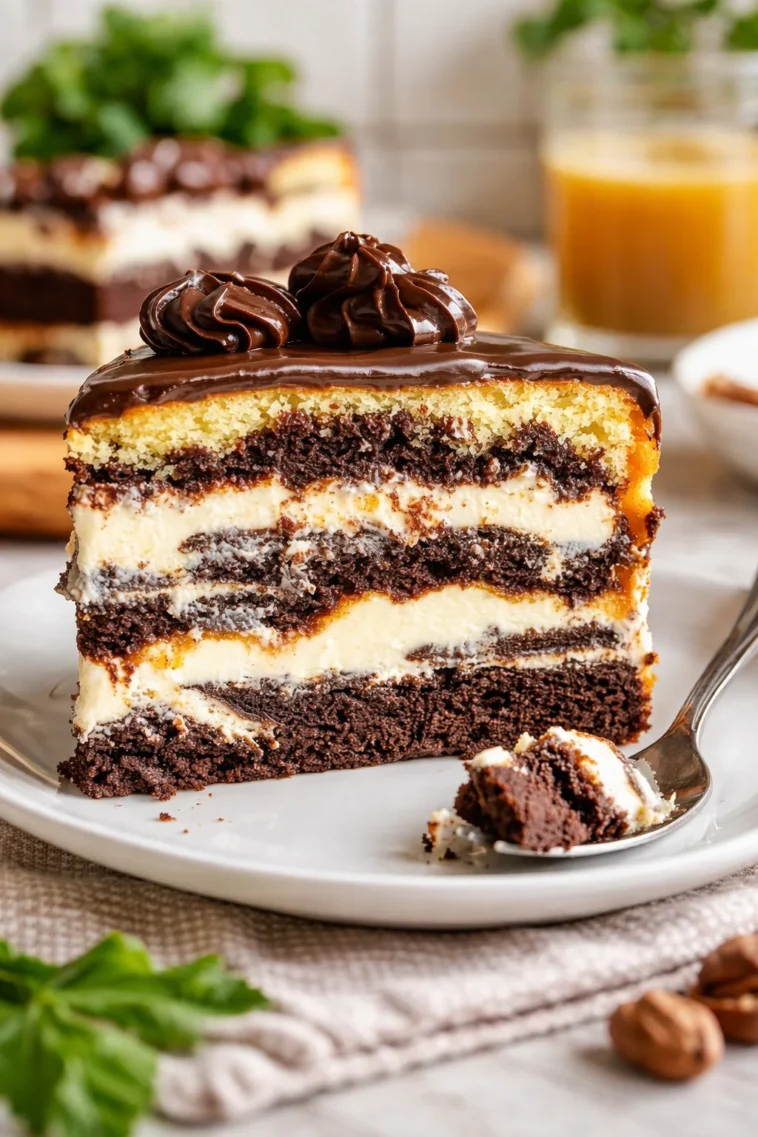 Feuchter Marmor-Schichtkuchen auf einem eleganten Teller, ideal für Feiern.