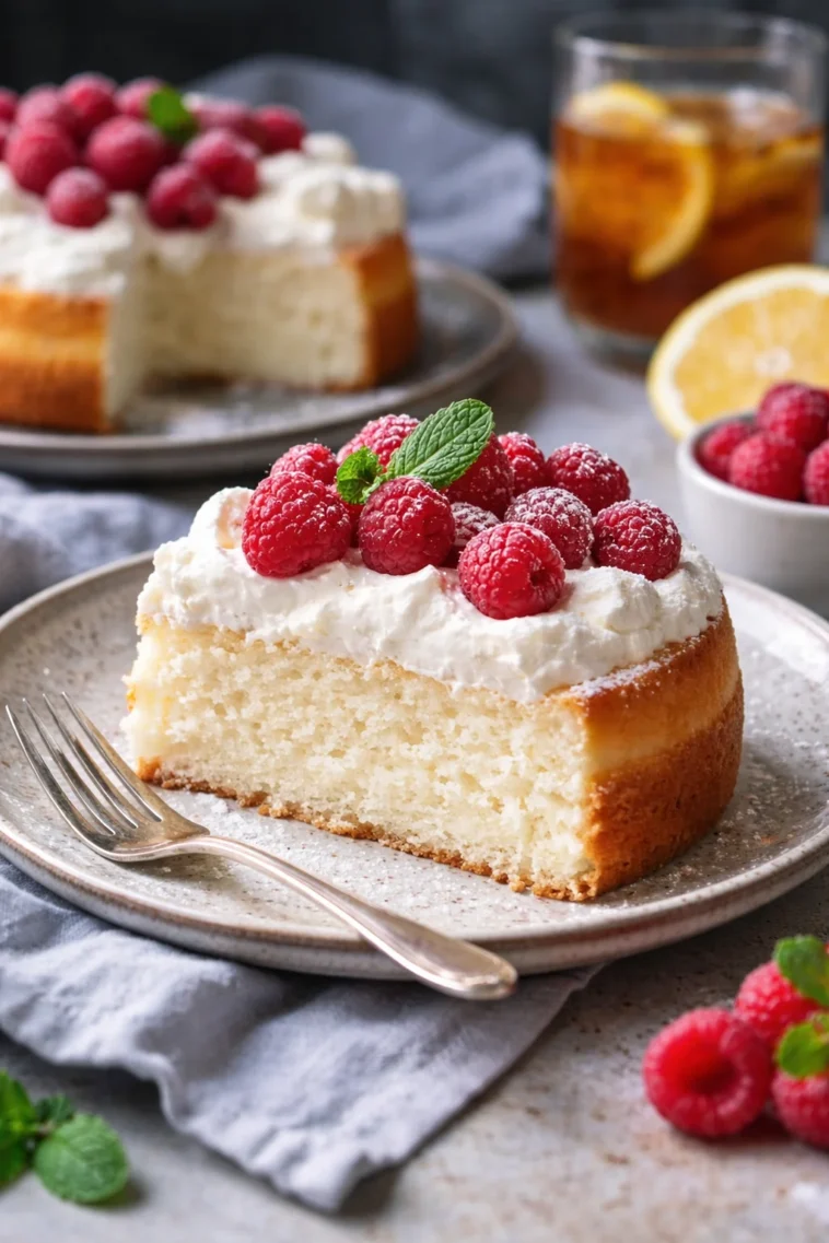 Flaumiger Joghurtwolkenkuchen mit frischen Früchten und Sahne