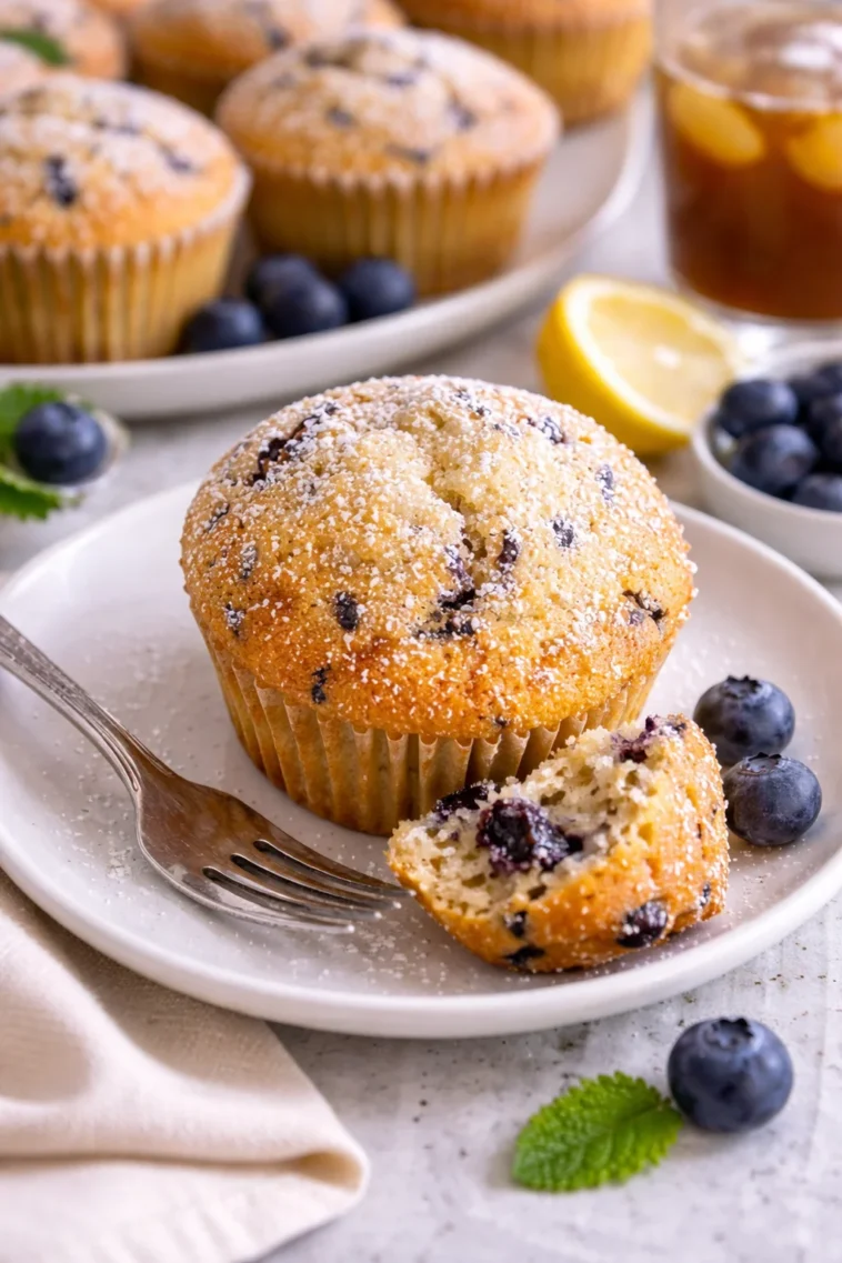 Fluffige Vanillemuffins mit Streuseln auf einem Tablett.