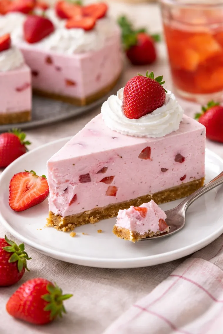 Fluffiger No-Bake Erdbeer-Cheesecake auf einem Teller