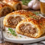 Französische Zwiebel-Wurstrollen frisch aus dem Ofen, serviert auf einem Holzbrett.