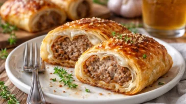 Französische Zwiebel-Wurstrollen frisch aus dem Ofen, serviert auf einem Holzbrett.