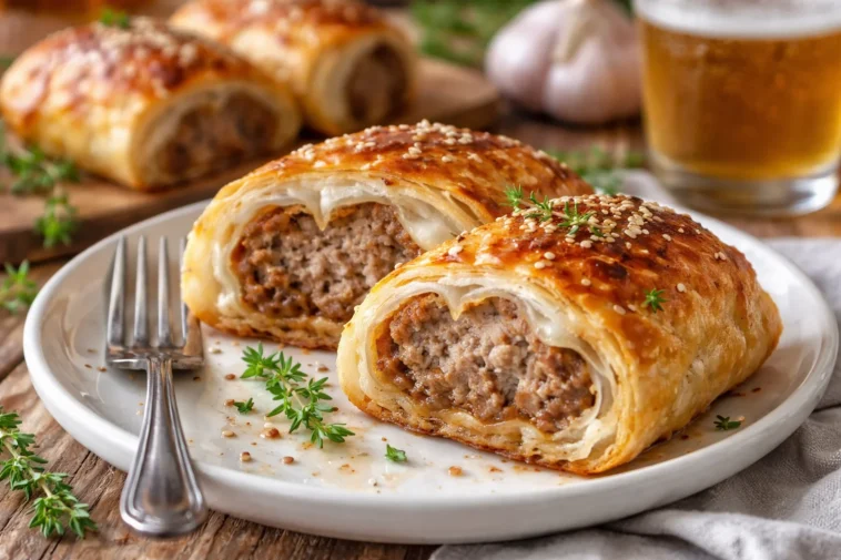 Französische Zwiebel-Wurstrollen frisch aus dem Ofen, serviert auf einem Holzbrett.