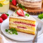 Frische Waldmeistertorte mit Sahne und Erdbeeren auf einem Teller