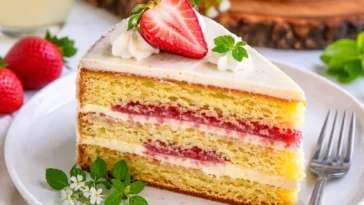 Frische Waldmeistertorte mit Sahne und Erdbeeren auf einem Teller