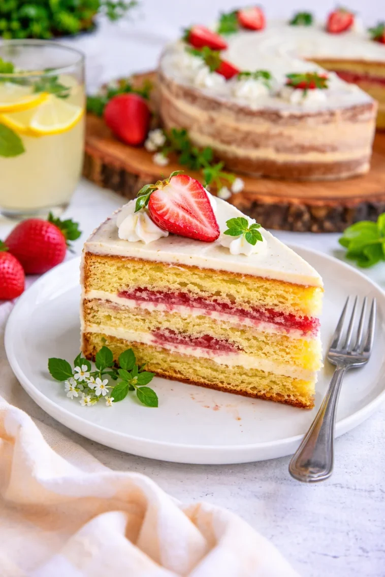 Frische Waldmeistertorte mit Sahne und Erdbeeren auf einem Teller
