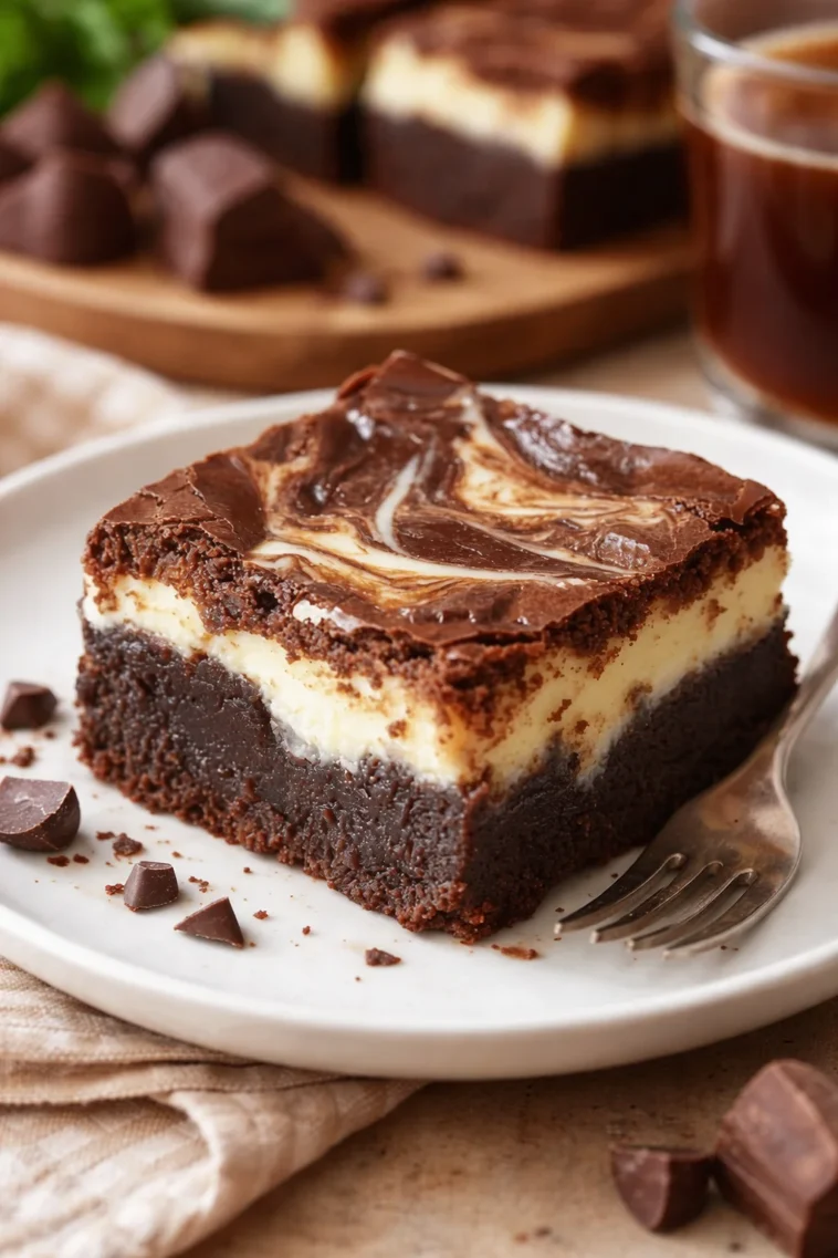 Frischkäse-Schokoladenbrownies auf einem Teller präsentiert