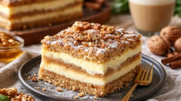 Friss-dich-dumm-Kuchen mit Pudding und Walnüssen auf einem Teller