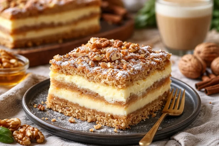 Friss-dich-dumm-Kuchen mit Pudding und Walnüssen auf einem Teller