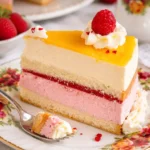 Frühlingshafte Torte mit Himbeer- und Pfirsichsahne auf einem Teller serviert