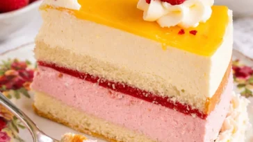Frühlingshafte Torte mit Himbeer- und Pfirsichsahne auf einem Teller serviert