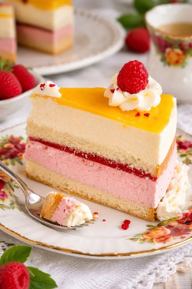 Frühlingshafte Torte mit Himbeer- und Pfirsichsahne auf einem Teller serviert