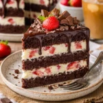 Fruchtiger und cremiger Schokoladenkuchen mit Schokolade und bunten Früchten
