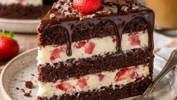 Fruchtiger und cremiger Schokoladenkuchen mit Schokolade und bunten Früchten