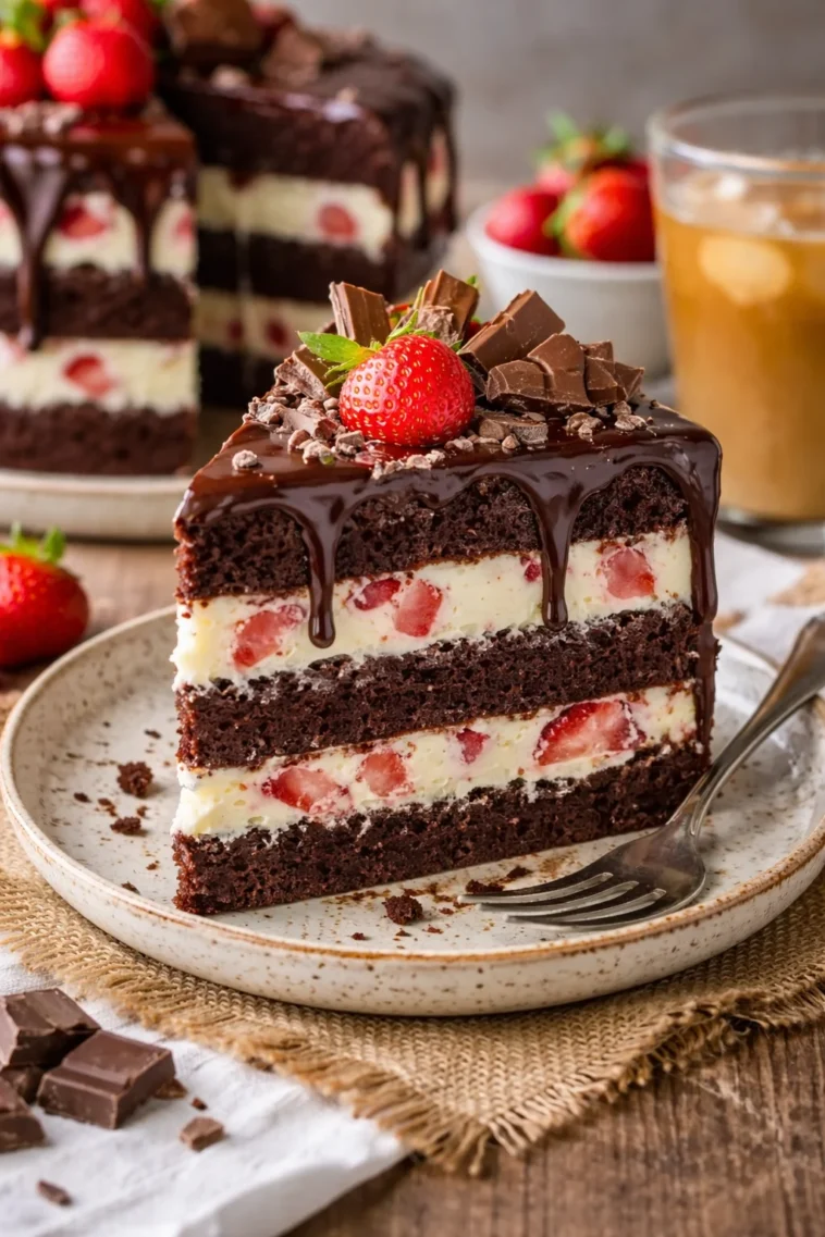 Fruchtiger und cremiger Schokoladenkuchen mit Schokolade und bunten Früchten