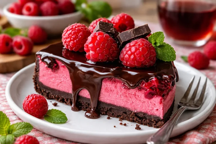 Dekadenter Schokoladen-Raspberry-Käsekuchen mit einer fruchtigen Note.